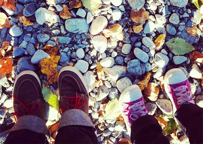 Feet walking on a river bed
