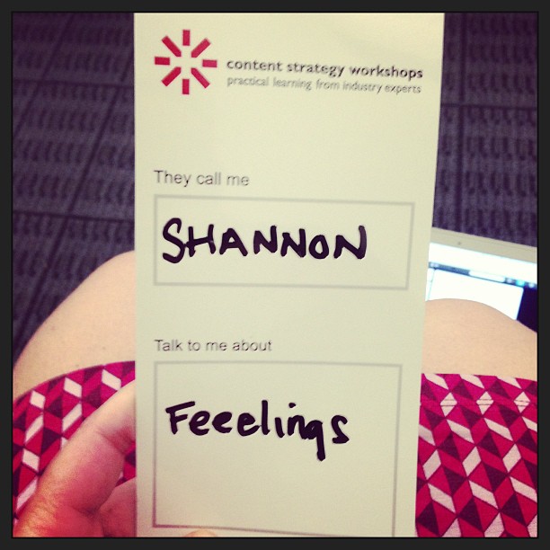 nametage that says talk to me about feelings