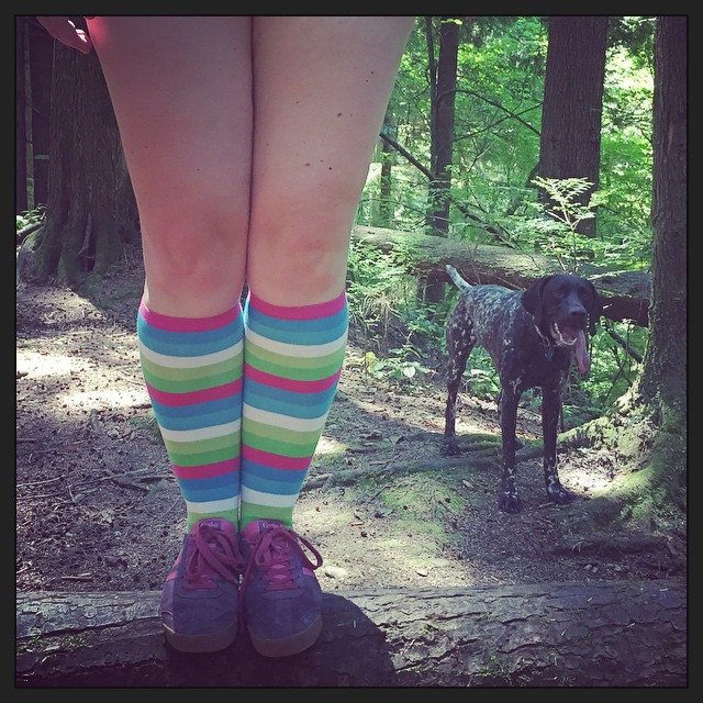 a picture from the knees down of a girl wearing rainbow striped socks